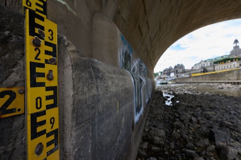 Eine Pegellatte ist unterhalb der Augustusbrücke an der Brühlschen Terrasse angebracht (Archivbild): Immer mehr sächsische Flüsse führen Niedrigwasser.