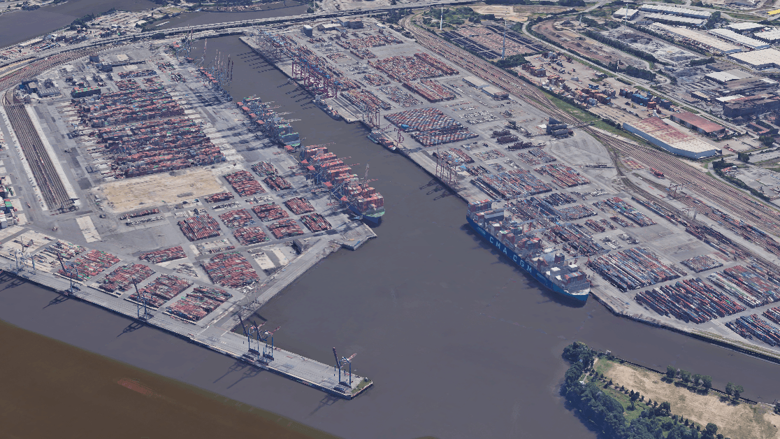 Der Waltershofer Hafen mit den Containerterminals: Der Wendekreis für Containerschiffe soll vergrößernt werden, indem die Höftspitze abgetragen wird (rechts unten).