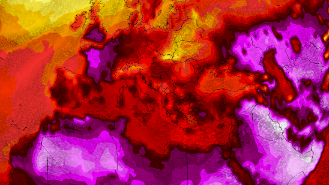 Der Lauf des GFS-Wetter-Modells für den 13. Juli. Die globale Karte zeigt die Einströmung heißer Luftmassen nach Europa, die eine neue Hitzewelle mit sich bringen.