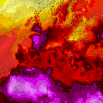 Der Lauf des GFS-Wetter-Modells für den 13. Juli. Die globale Karte zeigt die Einströmung heißer Luftmassen nach Europa, die eine neue Hitzewelle mit sich bringen.