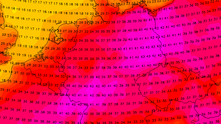 Vorhersagekarte des Wettermodells GFS für den 15. Juli: Bisherige Allzeit-Rekorde könnten pulverisiert werden.