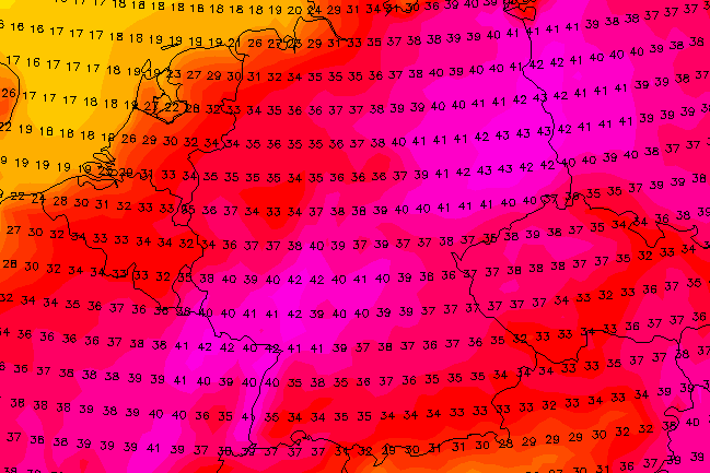 Vorhersagekarte des Wettermodells GFS für den 15. Juli: Bisherige Allzeit-Rekorde könnten pulverisiert werden.