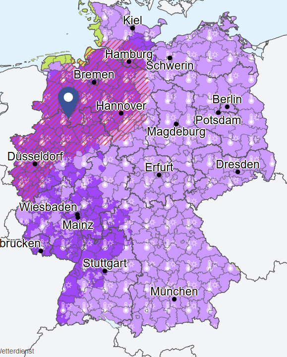 Die Warnkarte des DWD: Im Westen Deutschlands löst die Hitzewelle die höchste Hitze-Warnstufe aus.