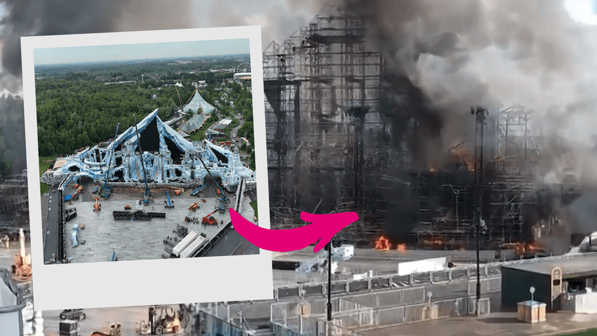Tomorrowland: Die Bühne ist stark verkohlt, Feuerwehrleute sind weiterhin mit Löscharbeiten beschäftigt