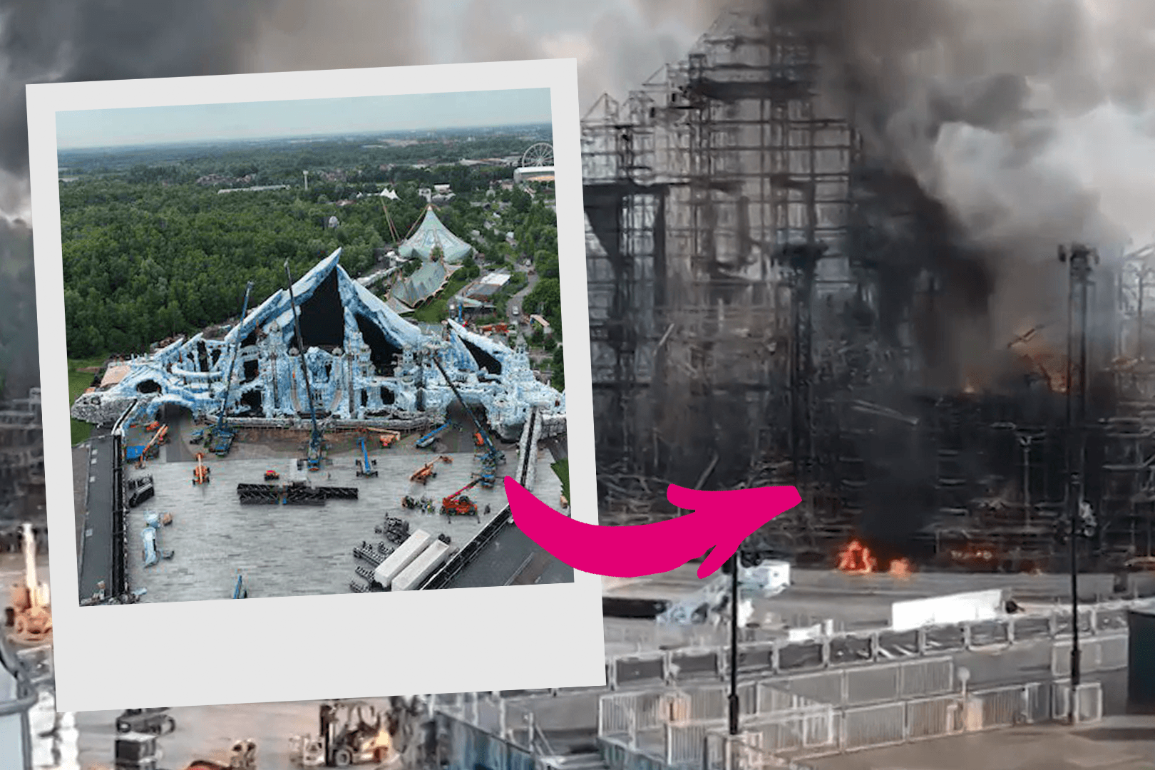 Tomorrowland: Die Bühne ist stark verkohlt, Feuerwehrleute sind weiterhin mit Löscharbeiten beschäftigt Tomorrowland: Die Bühne ist stark verkohlt, Feuerwehrleute sind weiterhin mit Löscharbeiten beschäftigt
