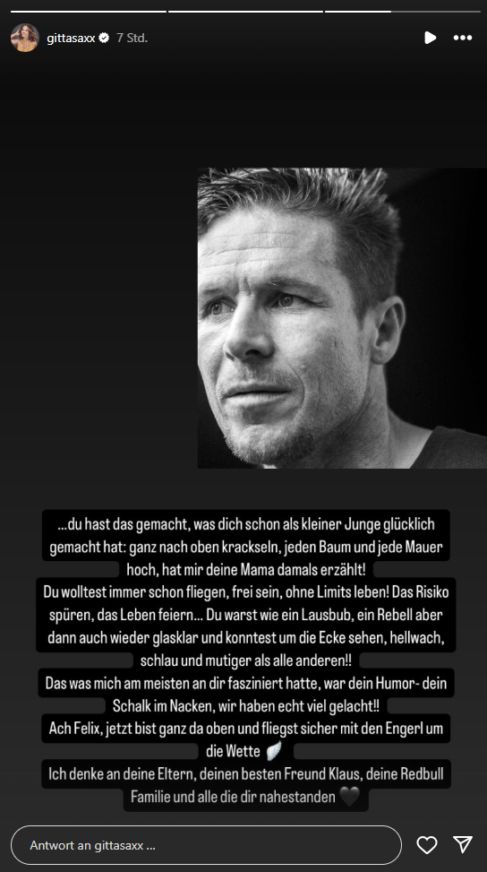 Gitta Saxx: Auf Instagram richtet sie emotionale Worte an Felix Baumgartner.