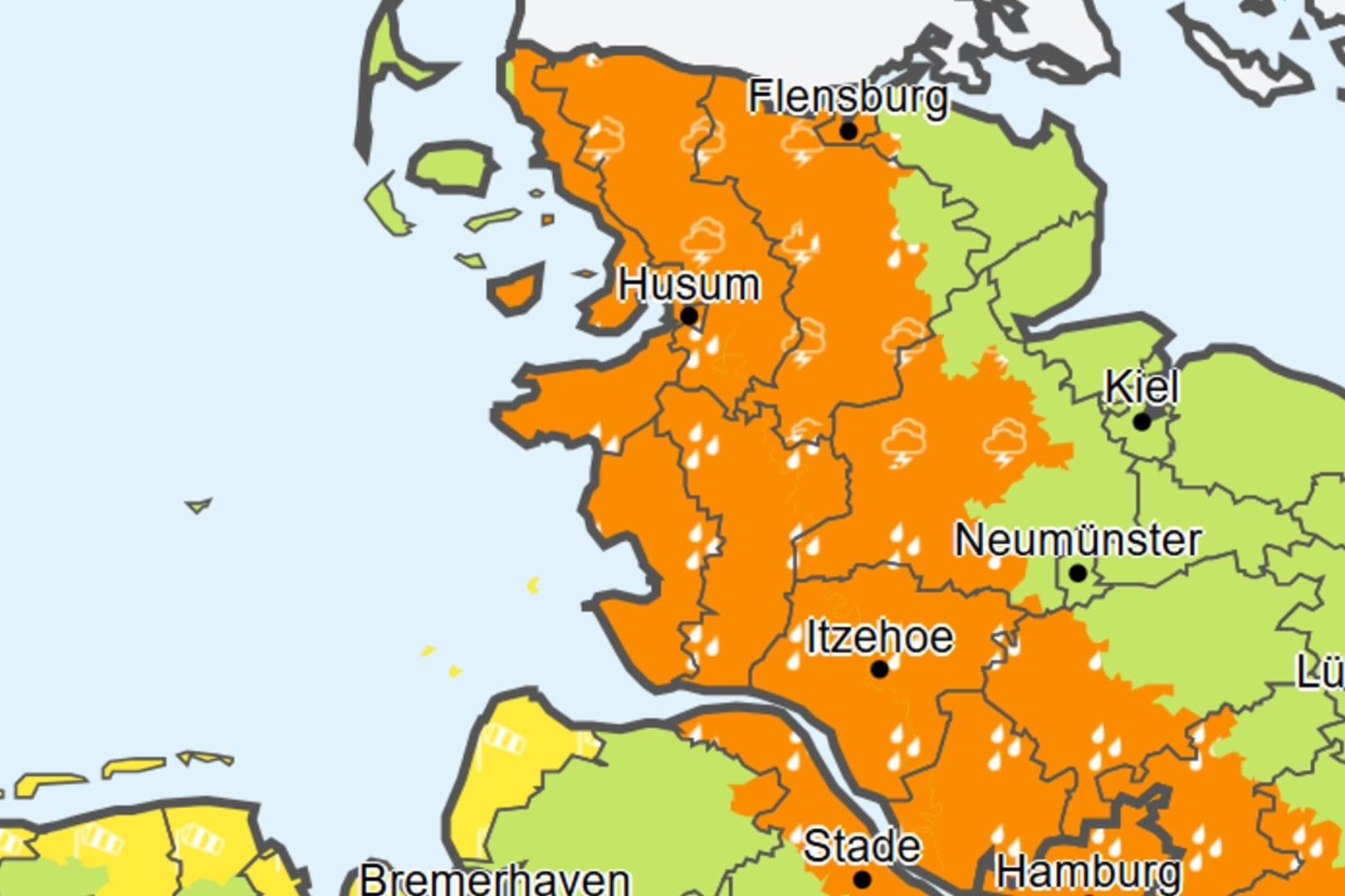 Der DWD hat im Norden Warnstufe 2 von 4 ausgerufen: Innerhalb von sechs Stunden fallen bis zu 35 Liter pro Quadratmeter.