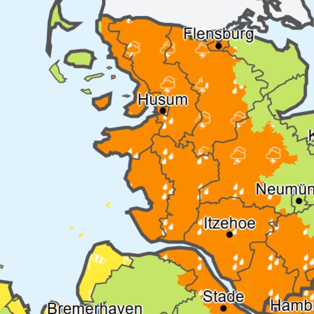 Der DWD hat im Norden Warnstufe 2 von 4 ausgerufen: Innerhalb von sechs Stunden fallen bis zu 35 Liter pro Quadratmeter.