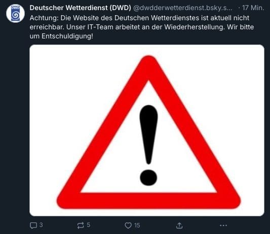Störung beim DWD: Auf der Plattform Bluesky informiert der Deutsche Wetterdienst über den Ausfall seiner Webseite.