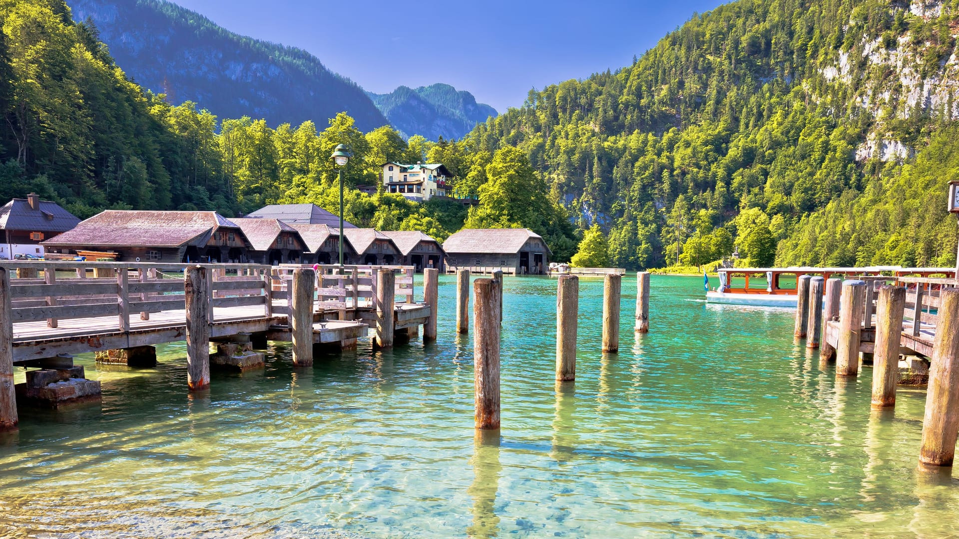 Konigssee Alpine lake coastline view, Berchtesgadener Land Konigssee Alpine lake coastline view, Berchtesgadener Land