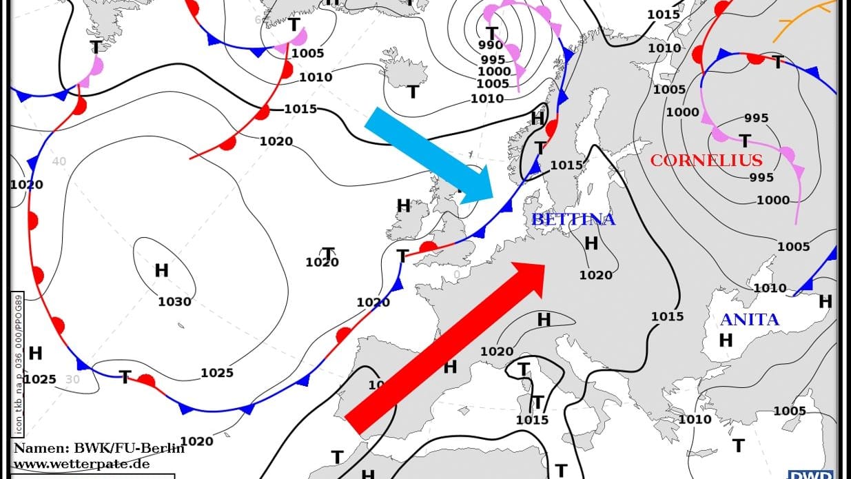 Luftmassenkarte des Deutschen Wetterdienstes: Eine Kaltfront bringt nach der Hitze heftige Gewitter mit Unwetter-Potenzial.