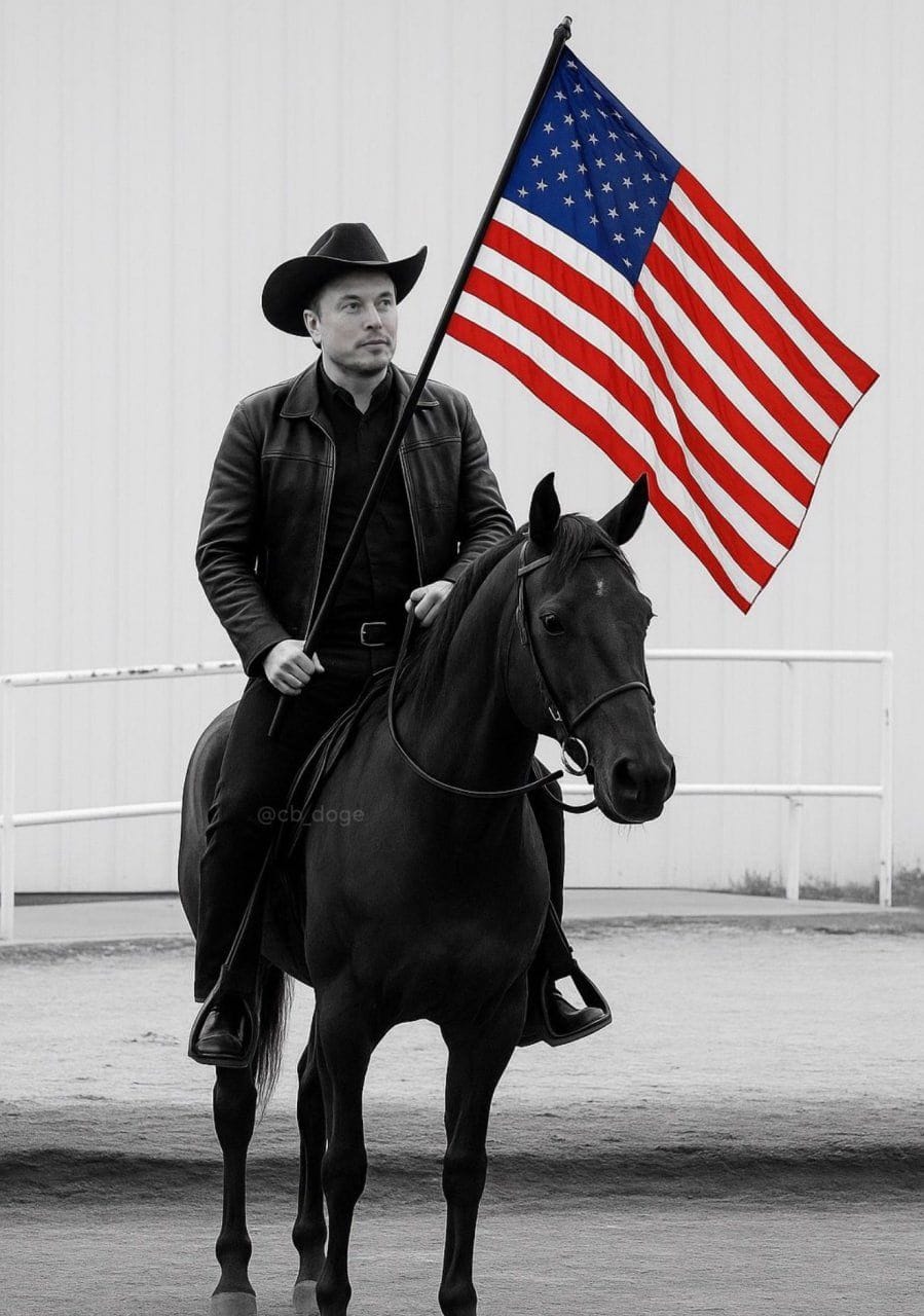 KI-Propaganda der "America Party": Elon Musk mit Flagge hoch zu Ross.