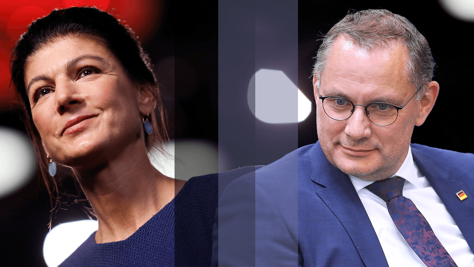 Sahra Wagenknecht und Tino Chrupalla nebeneinander. Beide lächeln ein wenig.