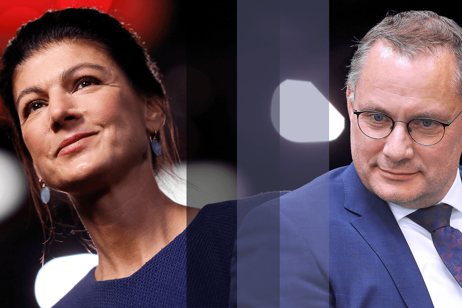 Sahra Wagenknecht und Tino Chrupalla nebeneinander. Beide lächeln ein wenig.