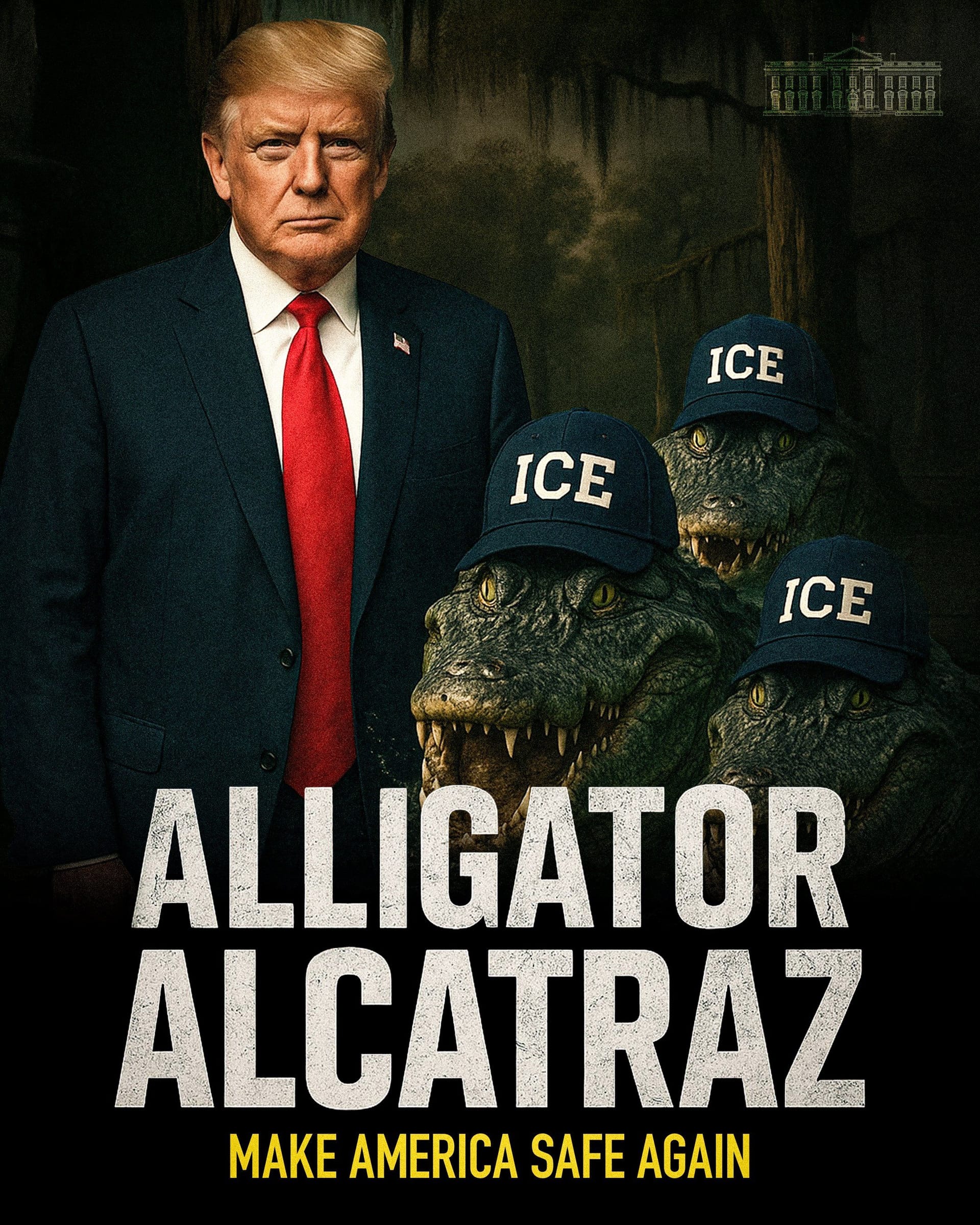 Der US-Präsident und Alligatoren mit ICE-Mützen; Dieses Bild verbreitete das Weiße Haus nach Trumps Besuch einer euphemistisch "Alligator Alcatraz" genannten Haftanstalt.