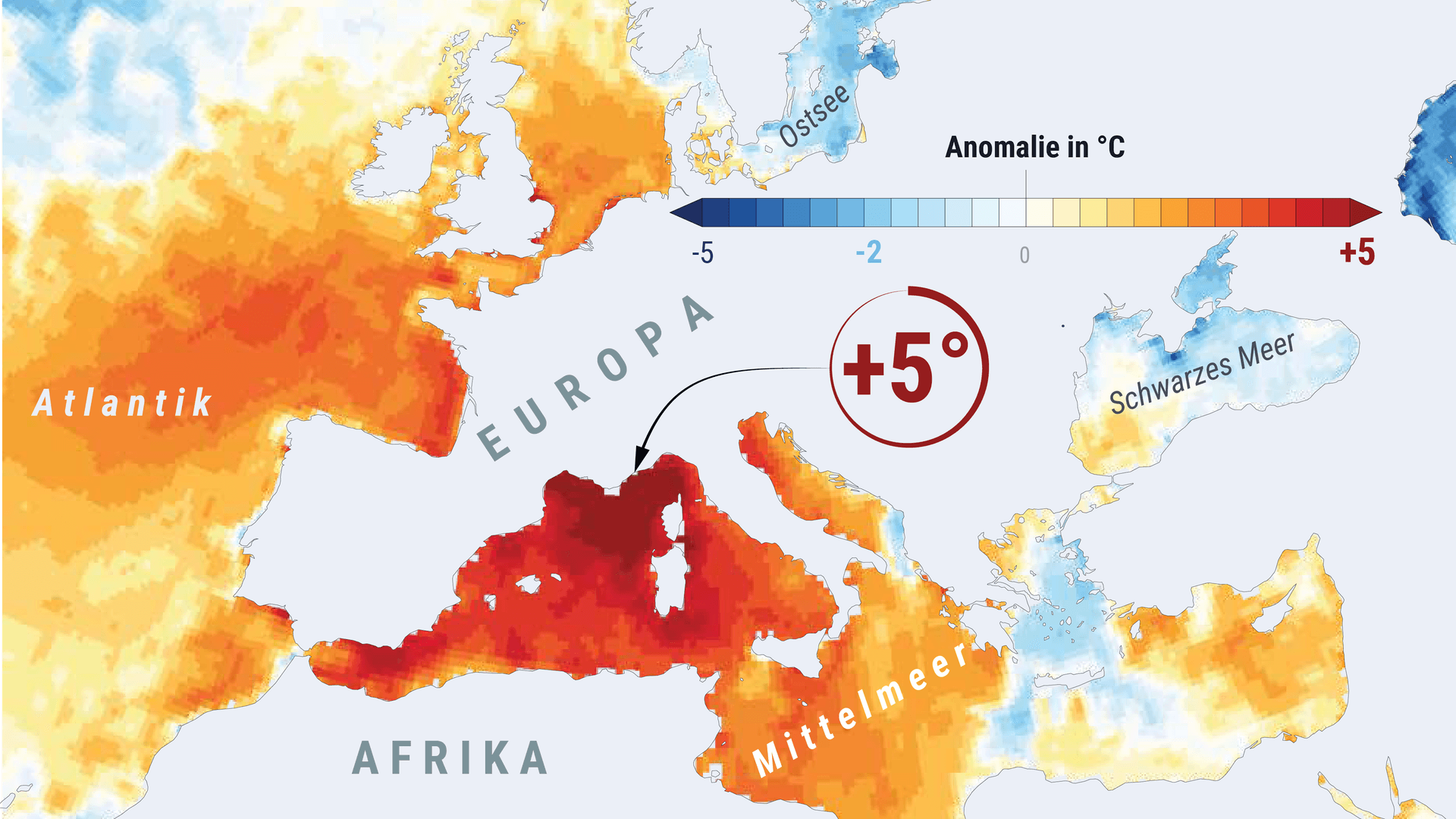 Temperaturen im Mittelmeer: Tägliche Meeresoberflächentemperatur-Anomalie in Grad Celsius am 30. Juni 2025 im Vergleich zum Durchschnitt des Referenzzeitraums 1991–2020.