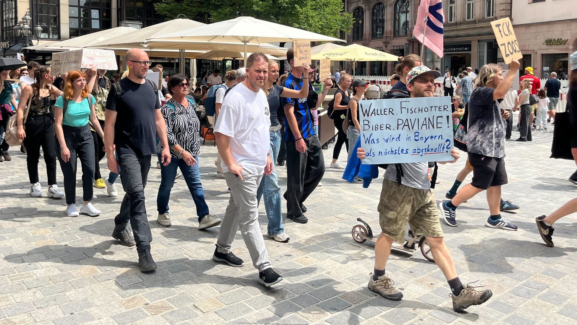 Protestzug in der Nürnberger Innenstadt: Die Teilnehmer sprechen sich gegen die geplante Tötung von Pavianen im Tiergarten aus. Protestzug in der Nürnberger Innenstadt: Die Teilnehmer sprechen sich gegen die geplante Tötung von Pavianen im Tiergarten aus.