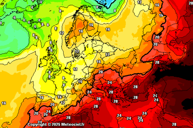 Wetter im Sommer 2025: GFS-Modellkarte für den 24. Juli. In Südeuropa hält die Hitze an.