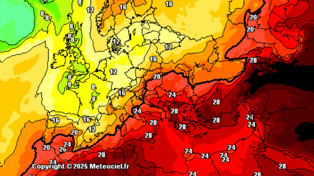 Wetter im Sommer 2025: GFS-Modellkarte für den 24. Juli. In Südeuropa hält die Hitze an.