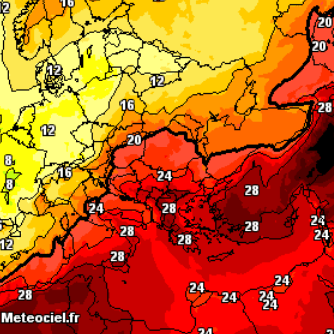 Wetter im Sommer 2025: GFS-Modellkarte für den 24. Juli. In Südeuropa hält die Hitze an.