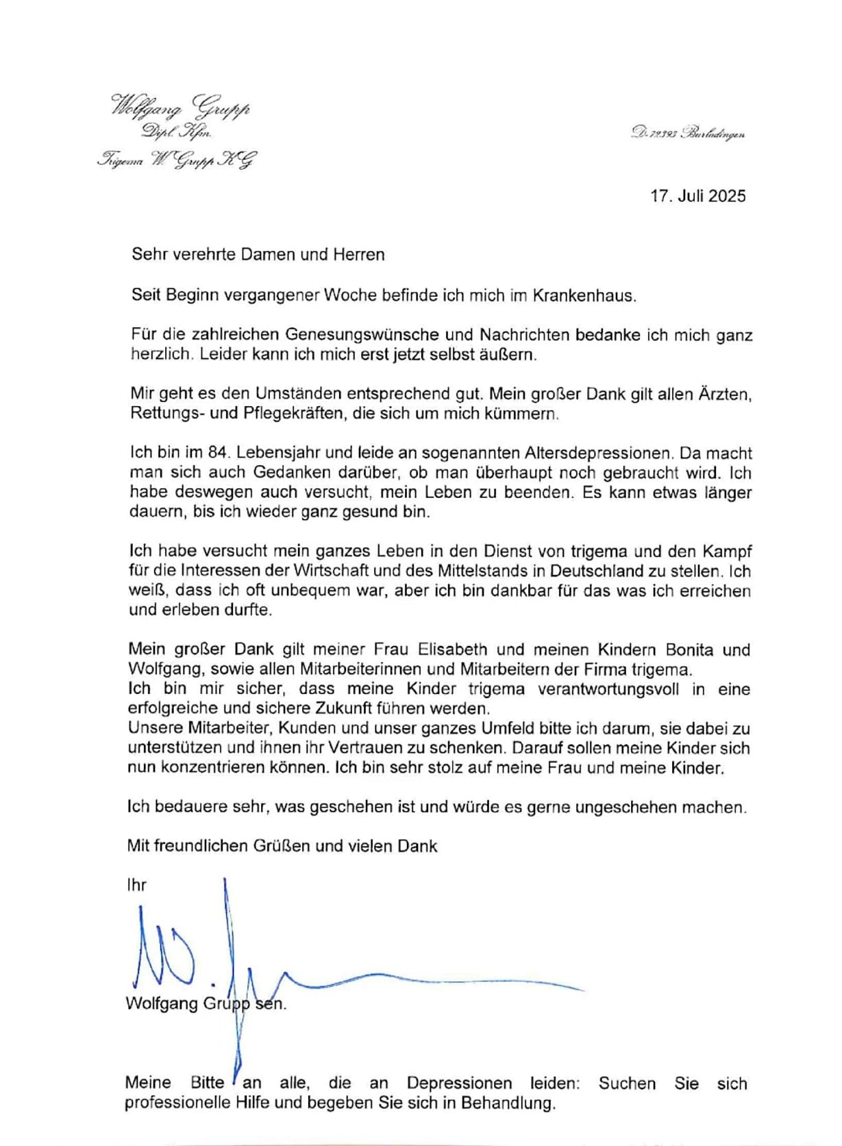 Wolfgang Grupp schreibt an seine Mitarbeiter: Der Unternehmer berichtet von seinem Suizidversuch.