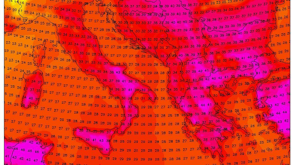 Hitzewelle in Europa: Ein Lauf des GFS-Wettermodells für den 24. Juli 18 Uhr. In Griechenland, in der Türkei und Italien werden Extremwerte erwartet.