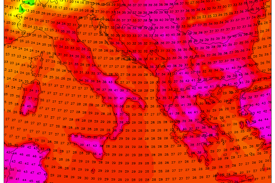 Hitzewelle in Europa: Ein Lauf des GFS-Wettermodells für den 24. Juli 18 Uhr. In Griechenland, in der Türkei und Italien werden Extremwerte erwartet.