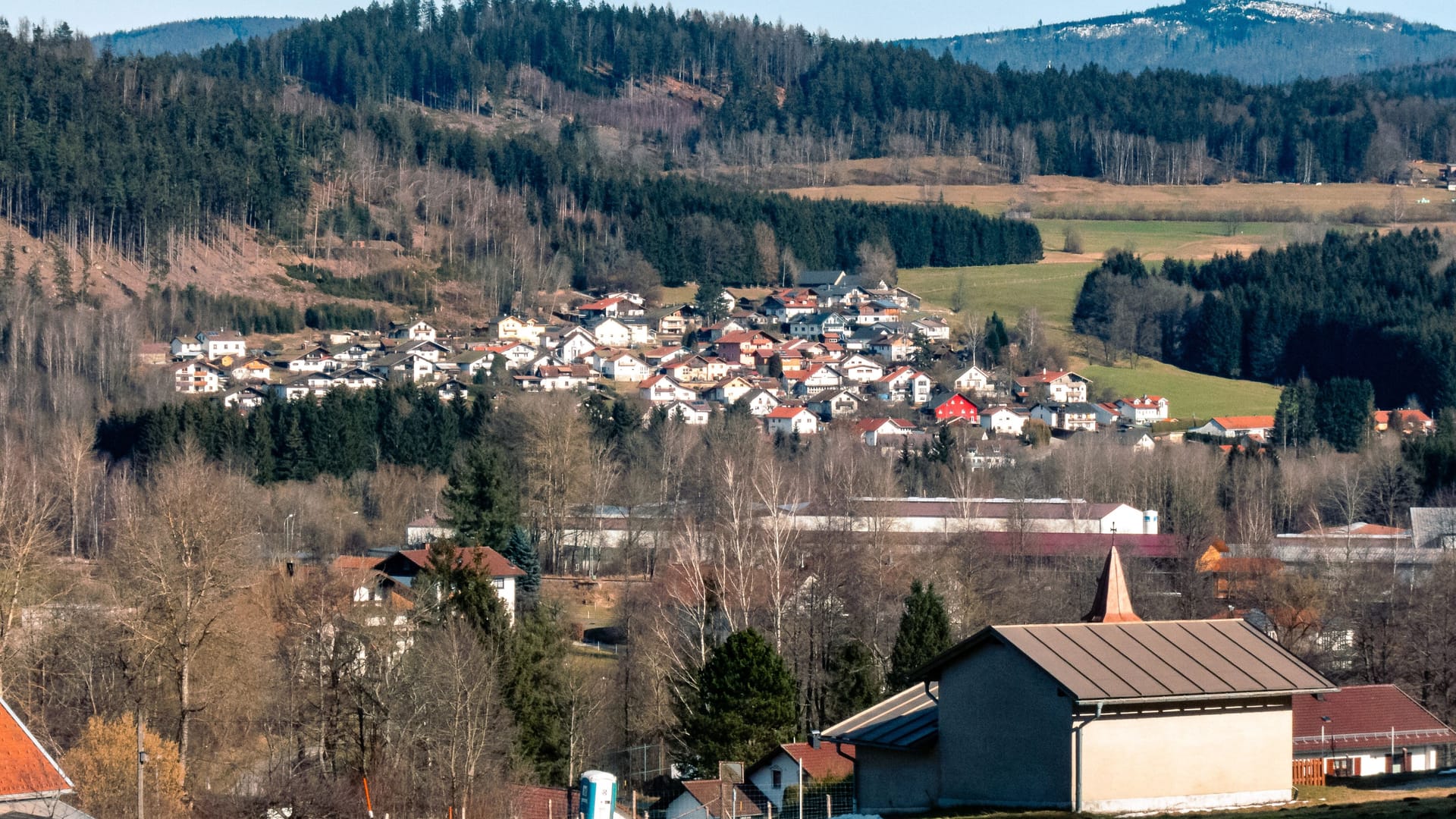 View on the rural part of the Zwiesel settlement in Bavaria, Germany at the early spring