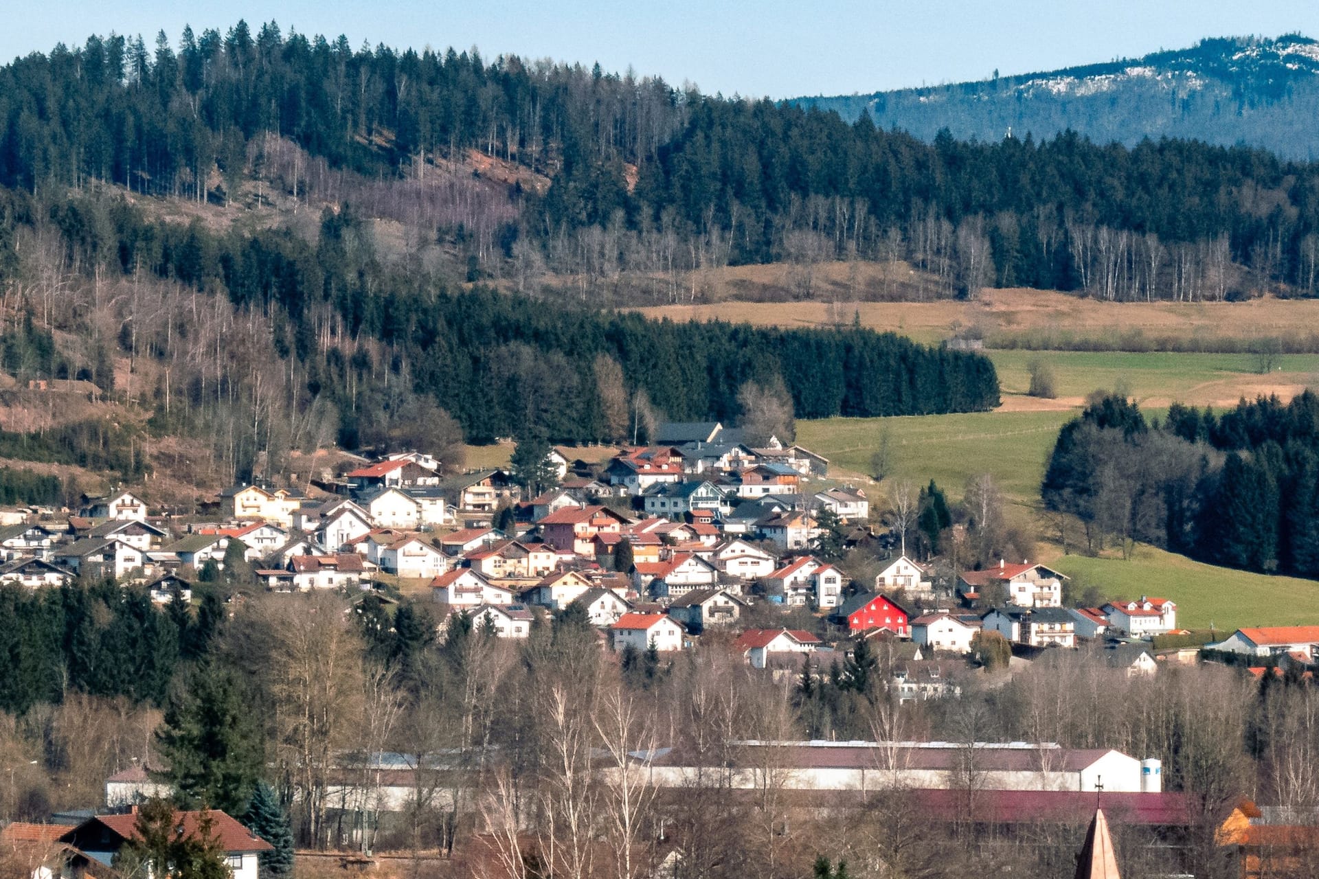 View on the rural part of the Zwiesel settlement in Bavaria, Germany at the early spring