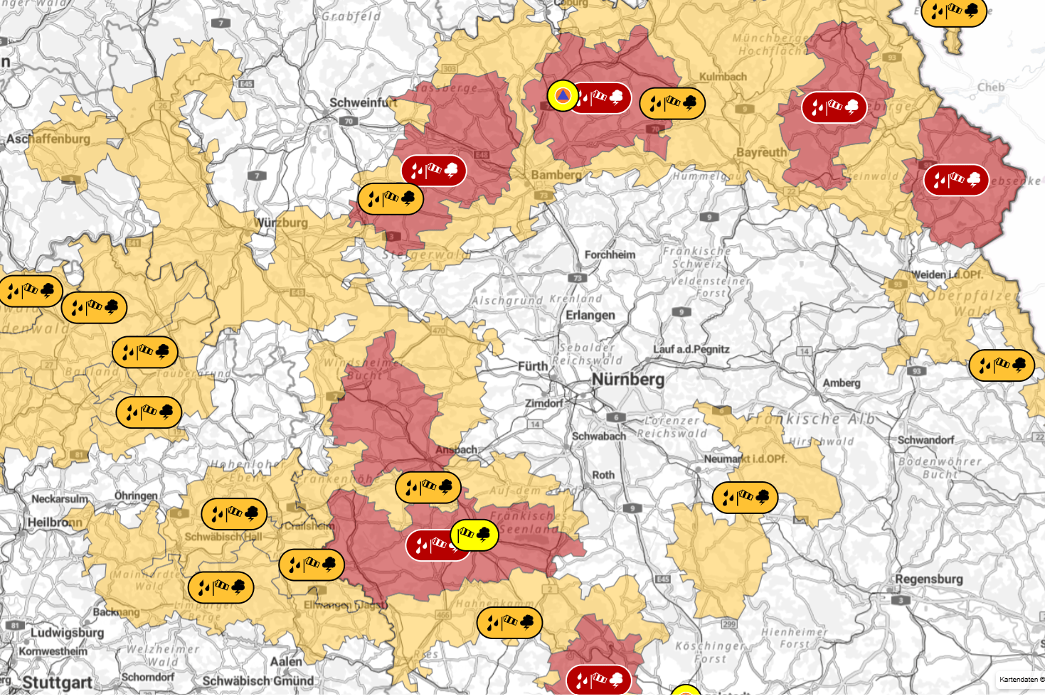 In der Südhälfte Deutschlands sind viele Regionen betroffen: Teilweise gilt Alarmstufe Rot.