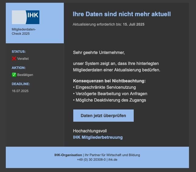 Auf den ersten Blick sieht die E-Mail wie eine offizielle IHK-Nachricht aus.
