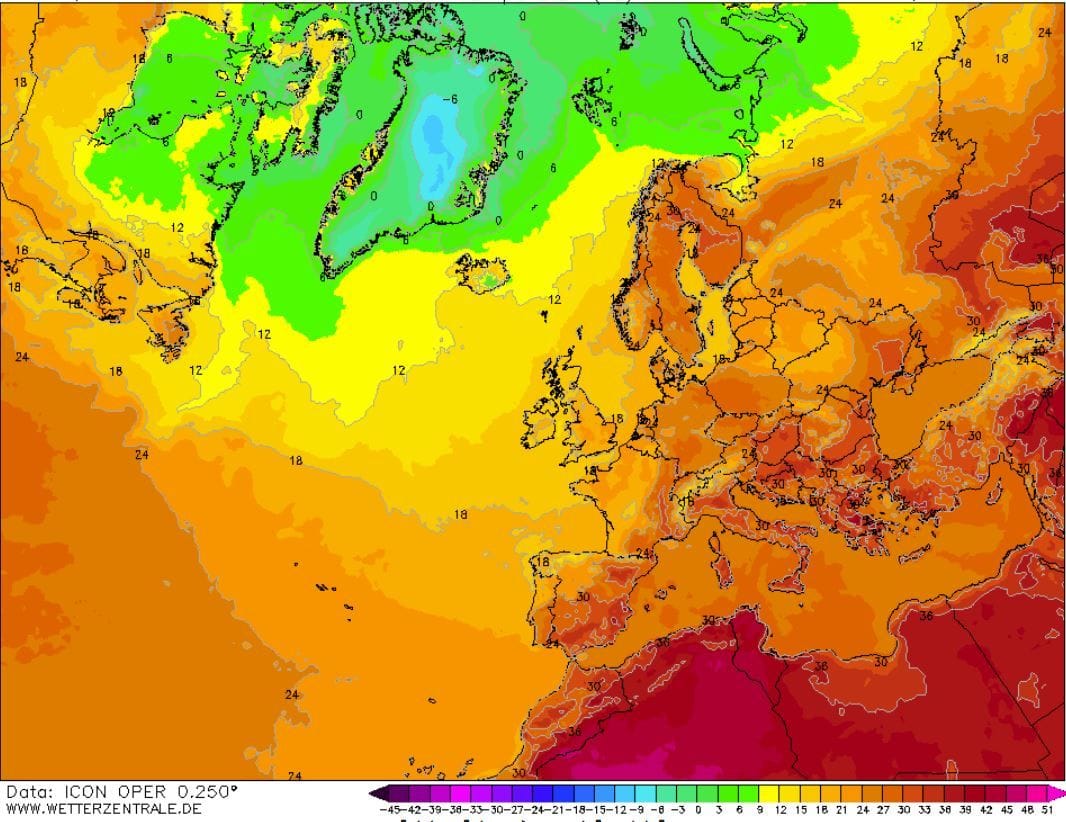 Ein Lauf des ICON-Wettermodells füpr Sonntag, den 20 Juli 2025. Die Temperaturen im Mittelmeerraum bleiben hoch.