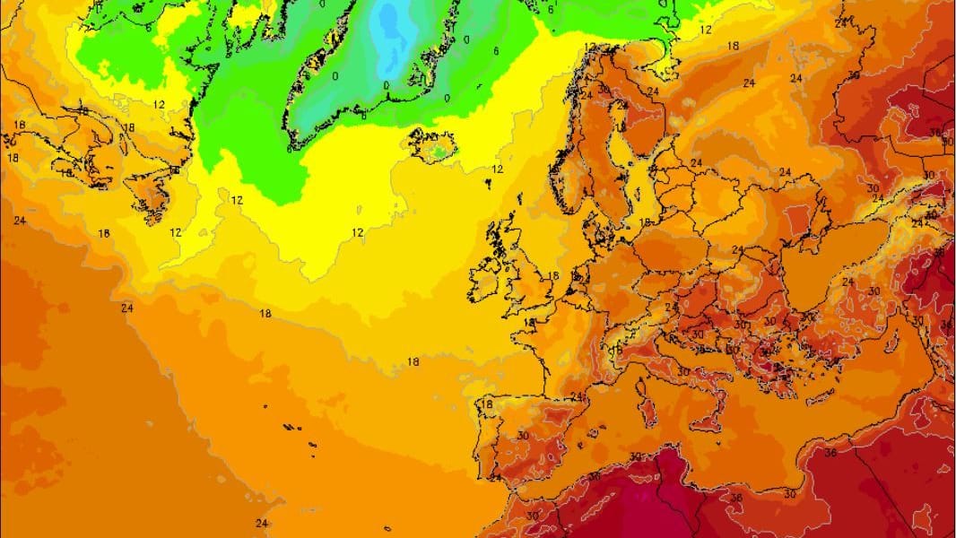Ein Lauf des ICON-Wettermodells füpr Sonntag, den 20 Juli 2025. Die Temperaturen im Mittelmeerraum bleiben hoch.