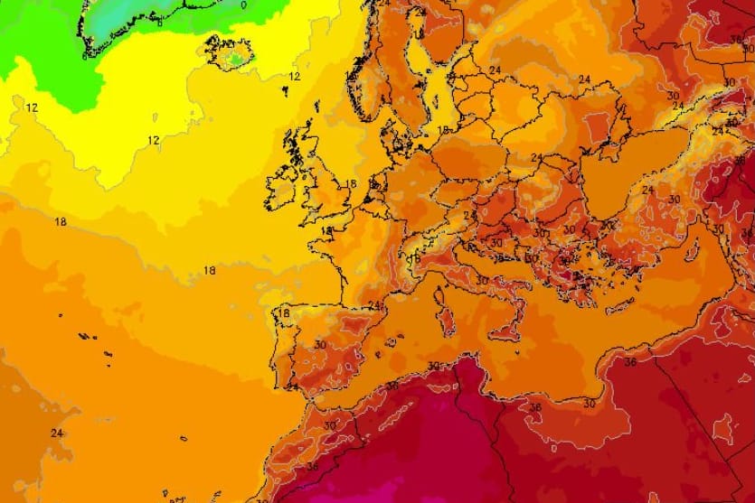Ein Lauf des ICON-Wettermodells füpr Sonntag, den 20 Juli 2025. Die Temperaturen im Mittelmeerraum bleiben hoch.