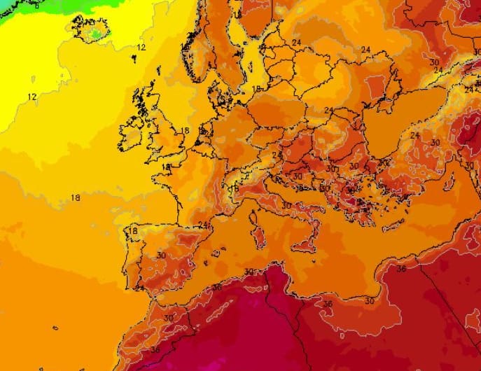Ein Lauf des ICON-Wettermodells füpr Sonntag, den 20 Juli 2025. Die Temperaturen im Mittelmeerraum bleiben hoch.