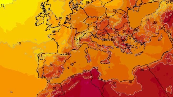 Ein Lauf des ICON-Wettermodells füpr Sonntag, den 20 Juli 2025. Die Temperaturen im Mittelmeerraum bleiben hoch.