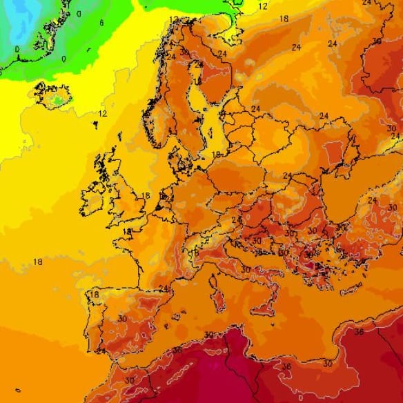 Ein Lauf des ICON-Wettermodells füpr Sonntag, den 20 Juli 2025. Die Temperaturen im Mittelmeerraum bleiben hoch.