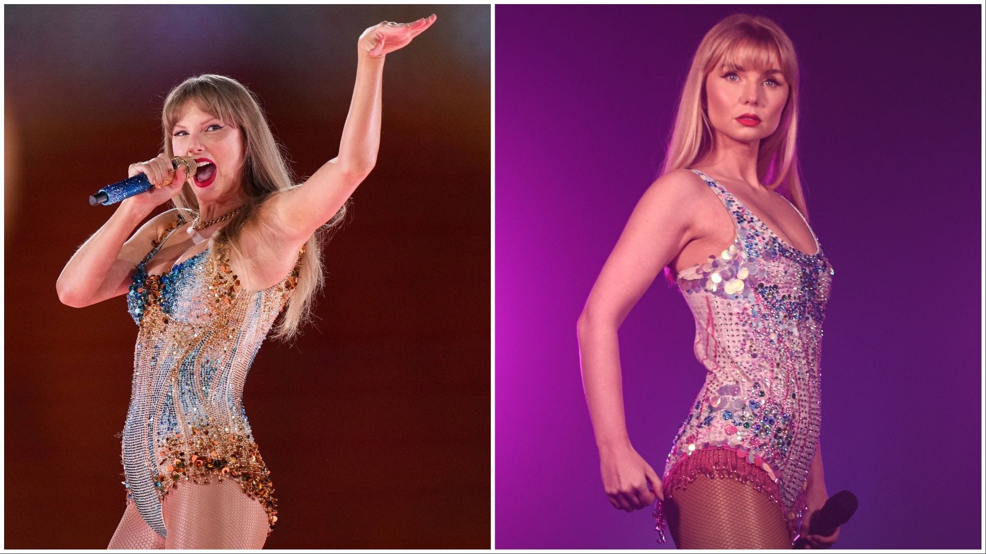 Täuschend echt: Taylor Swift (links) und ihre Double Xenna (rechts) im Bühnen-Look. Täuschend echt: Taylor Swift (links) und ihre Double Xenna (rechts) im Bühnen-Look.