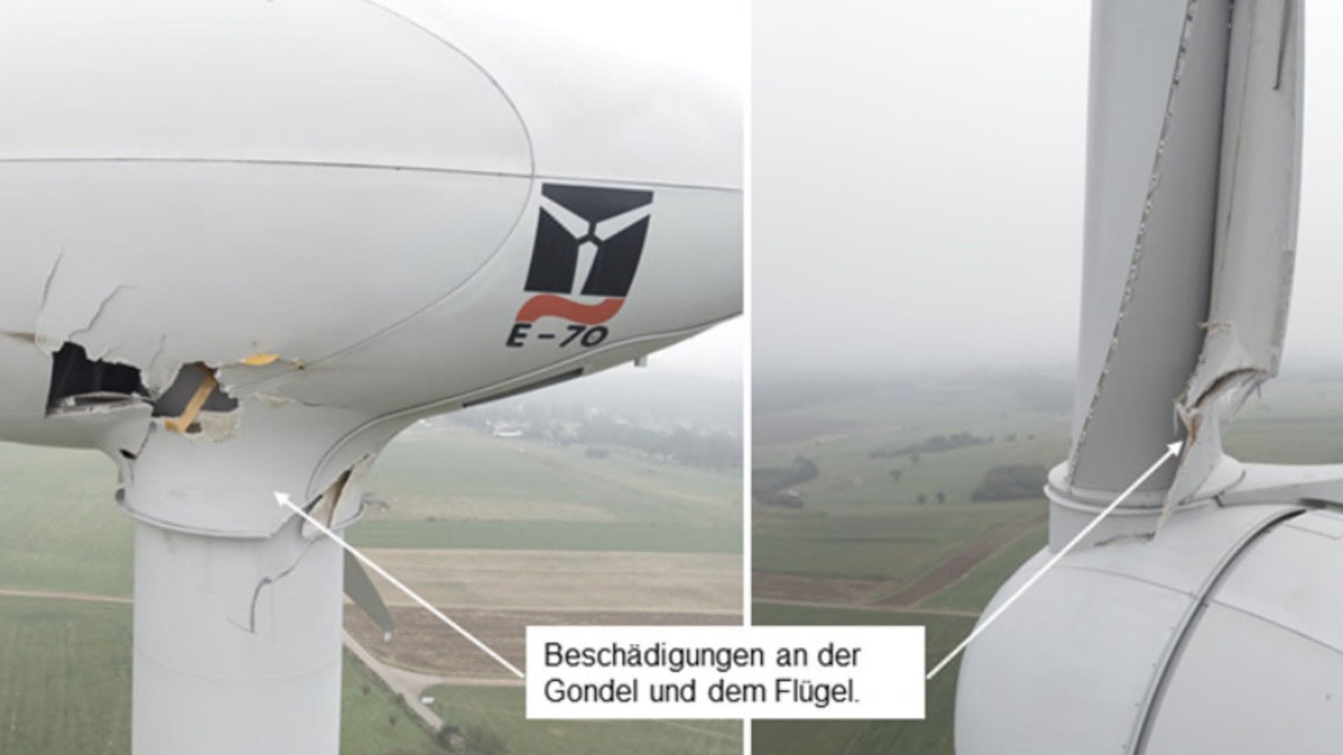 Das Windrad nach der Kollision: Sowohl die Gondel als auch einer der drei Flügel wiesen Beschädigungen auf.