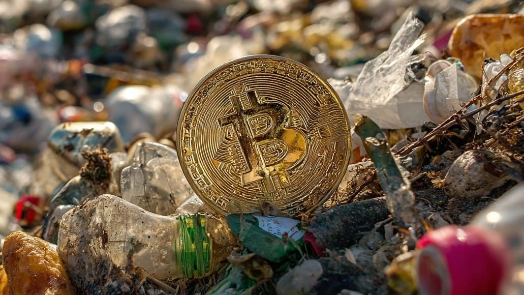 Bitcoin-Münze liegt auf der Müllhalde