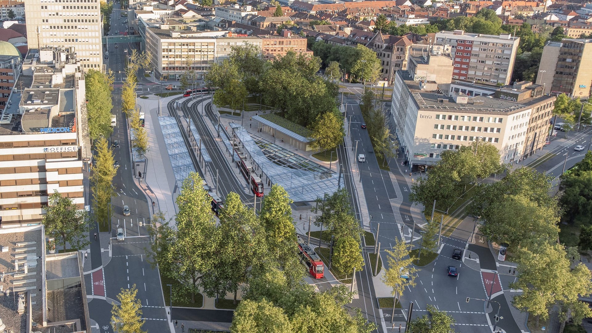 Animation der Variante A zur Umgestaltung des Plärrers: Der Platz soll barrierefrei umgestaltet werden.