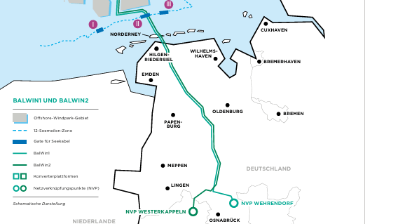Der Verlauf der Stromtrasse: Die Kabel führen von der Nordsee bis in die Nähe von Osnabrück und sollen Strom für rund vier Millionen Menschen liefern.