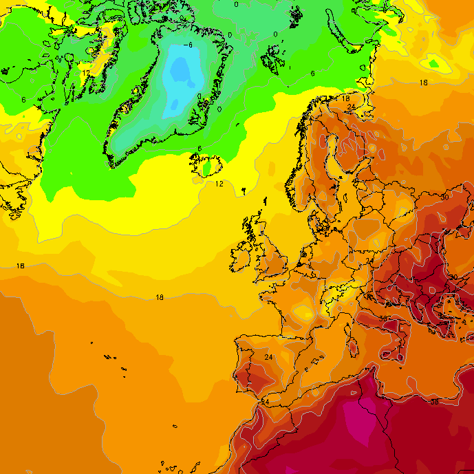 Wetter in Deutschland: Für den 9. Augist berechnet das GFS-Wettermodell Temperaturen zwischen 20 und 27 Grad.