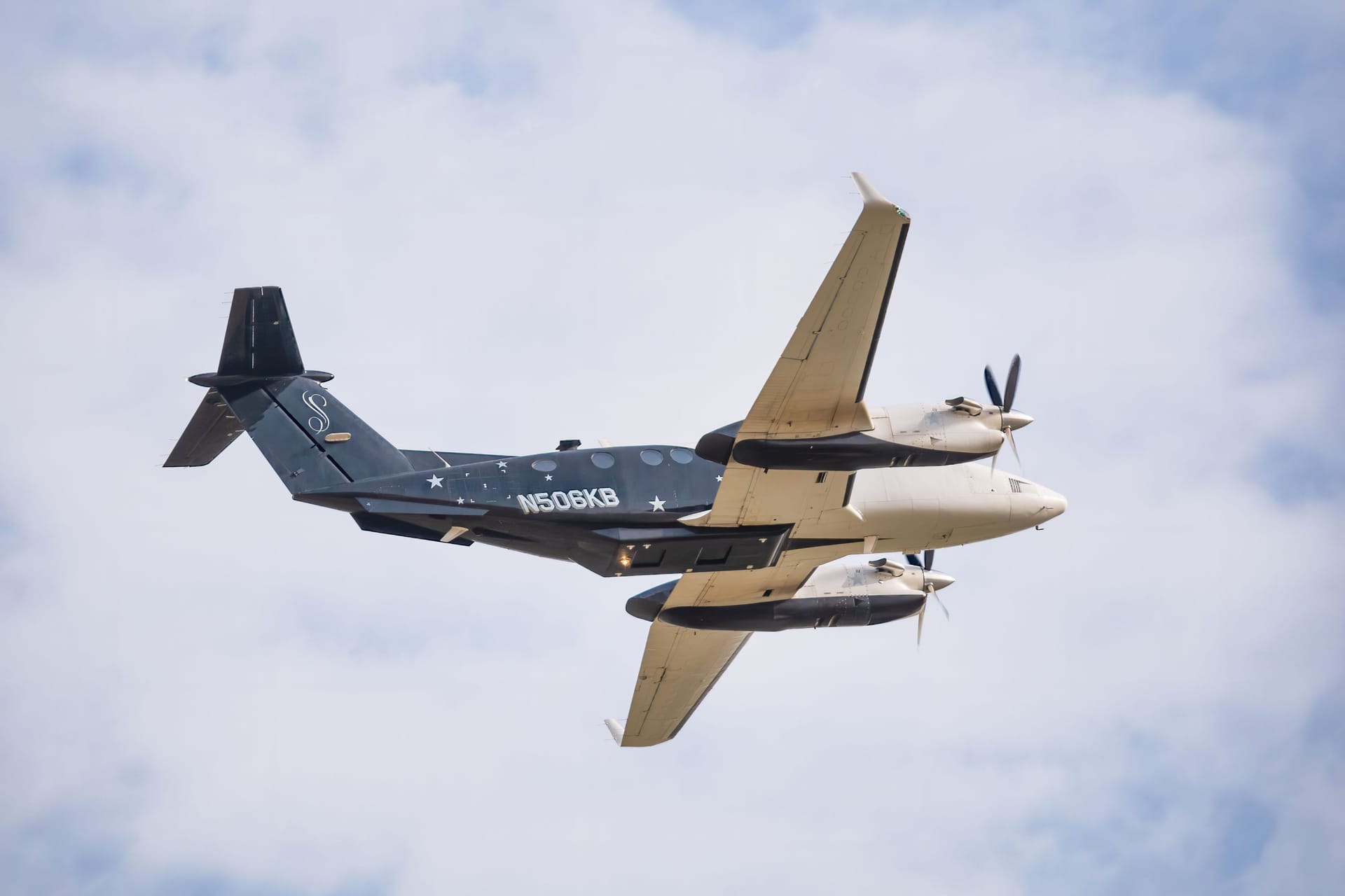 Bucharest, Romania - August 2022:Beechcraft B300 King Air 350 twin-turboprop aircraft flying against blue sky