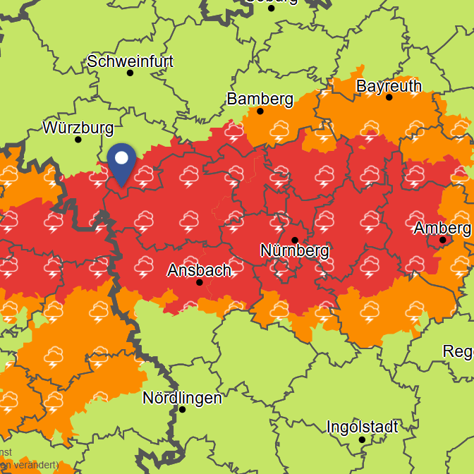 Die Warnkarte des Deutschen Wetterdienstes um 15 Uhr: Vor allem die Region zwischen Würzburg, Nürnberg und Heidelberg ist betroffen.
