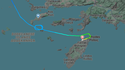 Der Flugverlauf von EW-658: Kurz vor der Landung kreiste die Maschine bei Kos, bevor sie schließlich auf Rhodos landete.