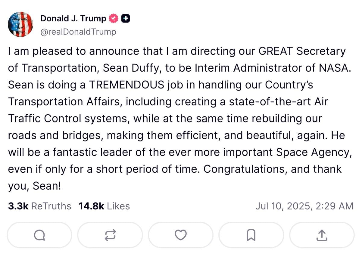 Trump kündigte die Ernennung Duffys zum kommissarischen Nasa-Chef über sein Netzwerk "Truth Social" an.