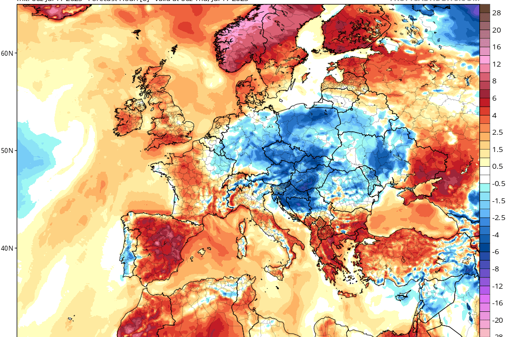 Temperaturabweichungen zum Klimamittel der Jahre 1981 bis 2010: Berechnung für Donnerstag, den 17. Juli.