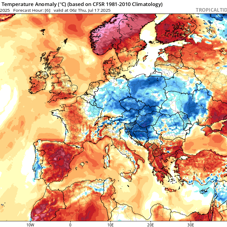 Temperaturabweichungen zum Klimamittel der Jahre 1981 bis 2010: Berechnung für Donnerstag, den 17. Juli.