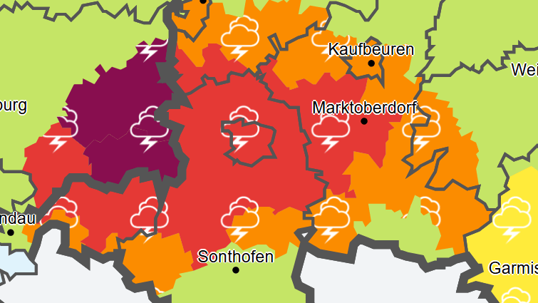 Die Warnkarte des DWD: Im Landkreis Ravensburg gilt die höchste Alarmstufe.
